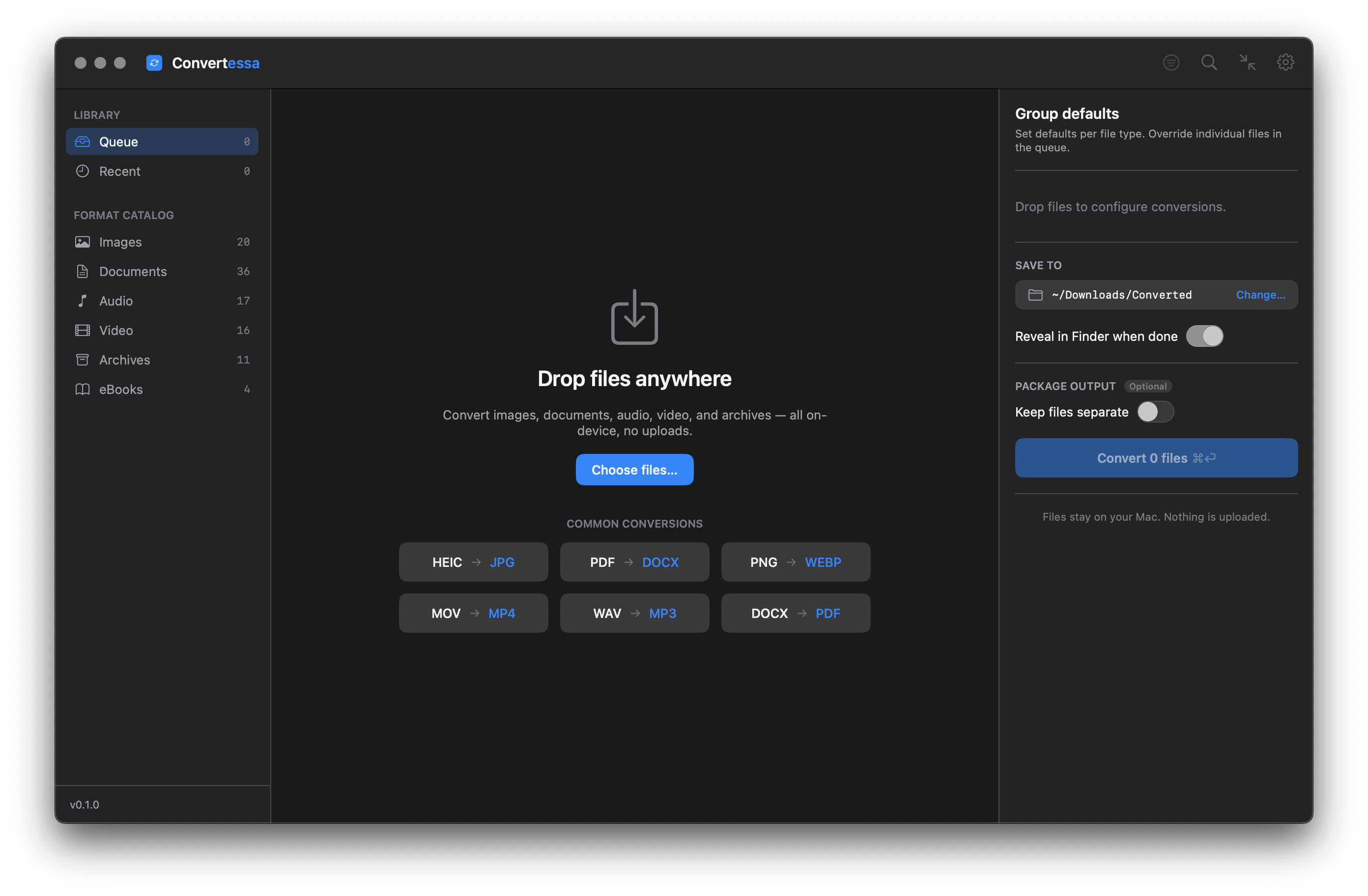 Convertessa app window showing the format catalog and drop area