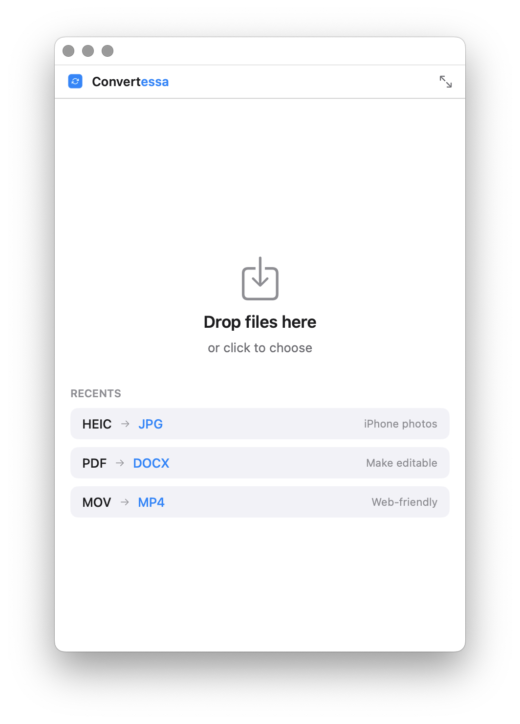 Convertessa in compact mode — a small window with a drop area and recent conversions